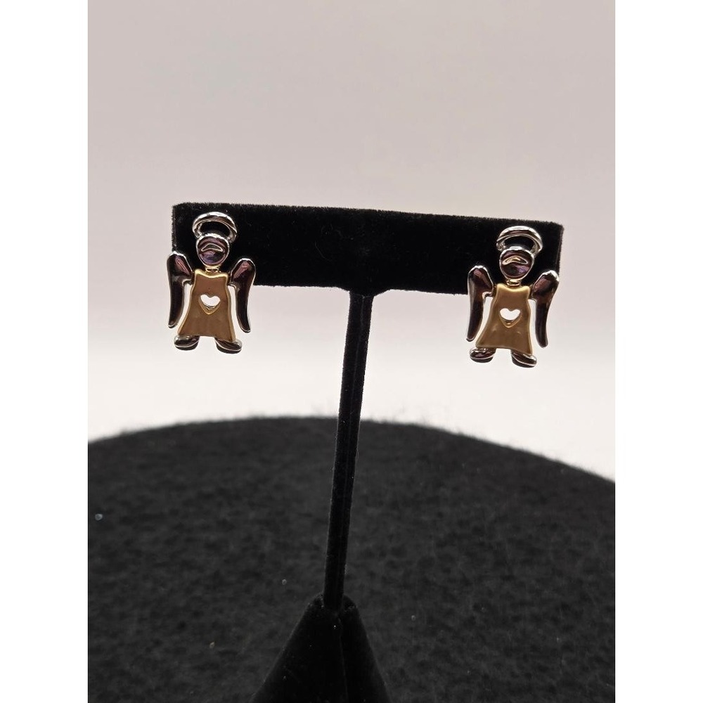 Angel Shaped Heart Stud Earrings Two Toned Silver/Gold